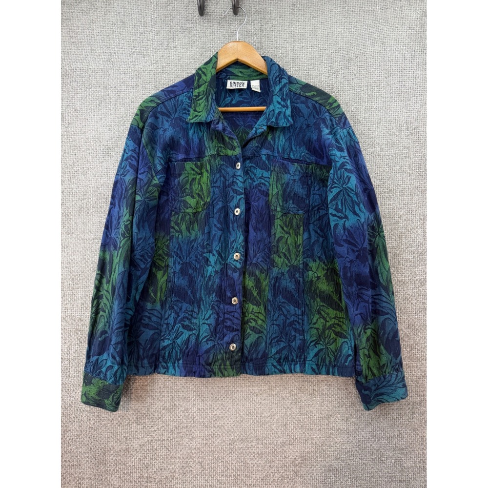 Chico's Design Jacket Womens Size 2( Med 8-10) Blue Green Print Button Front